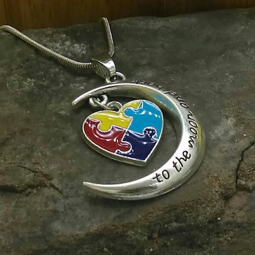 Autism Awareness Heart Necklace Silver : To the moon and back