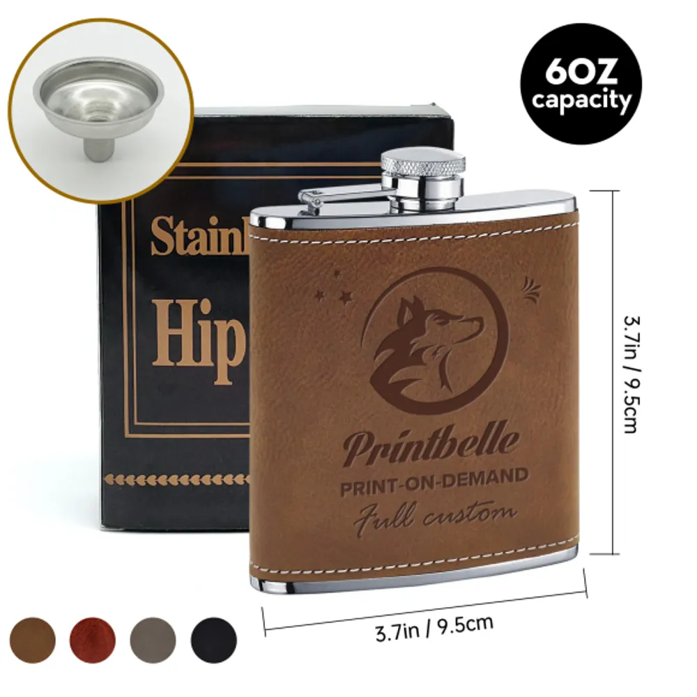 6OZ Leather Hip Flask with Funnel-1 Side Print