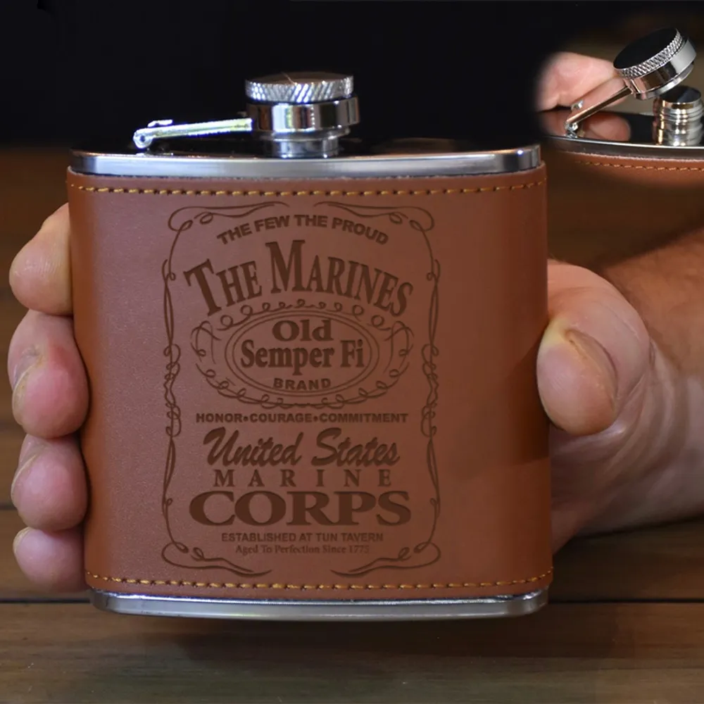 6OZ Leather Hip Flask with Funnel-1 Side Print