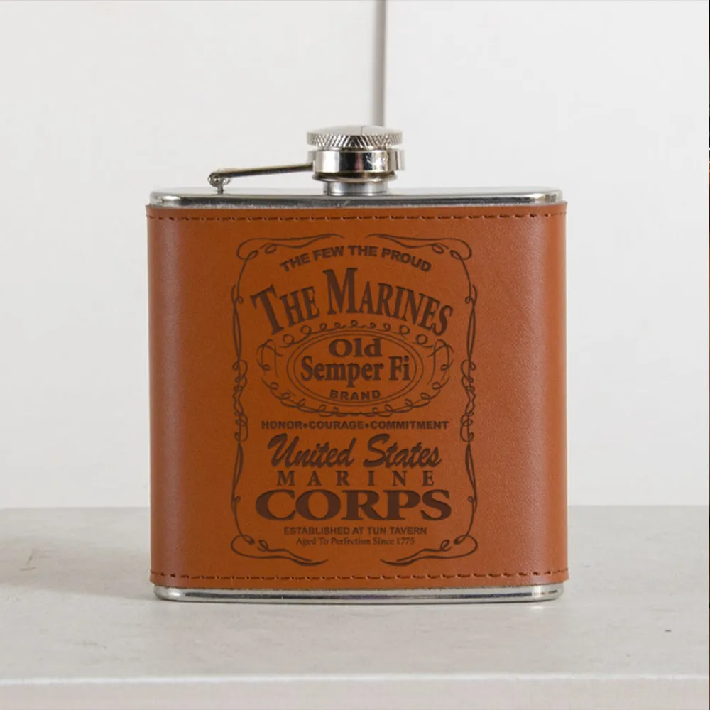 6OZ Leather Hip Flask with Funnel-1 Side Print