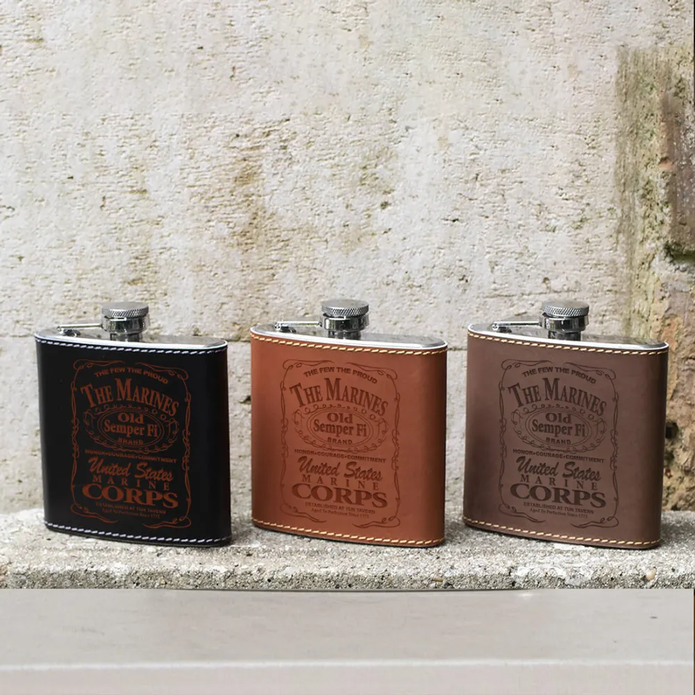 6OZ Leather Hip Flask with Funnel-1 Side Print