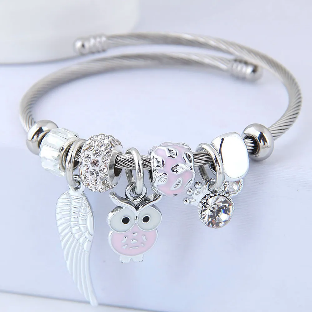 DIY Beaded Owl Angel Wings Pendant Stainless Steel Bracelet