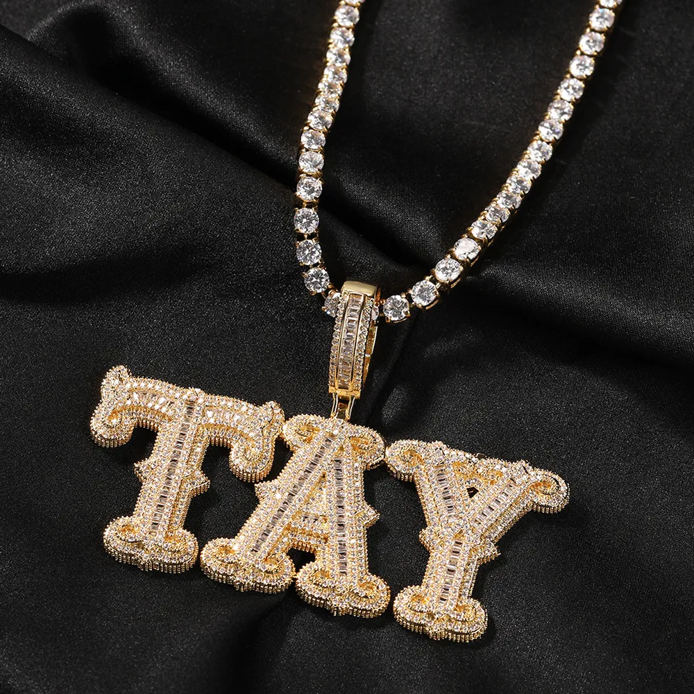 Custom Name Iced Out Baguettecz Cubic Zirconia Number Letter Pendant Chain Necklace Hiphop Punk Jewelry For Gift