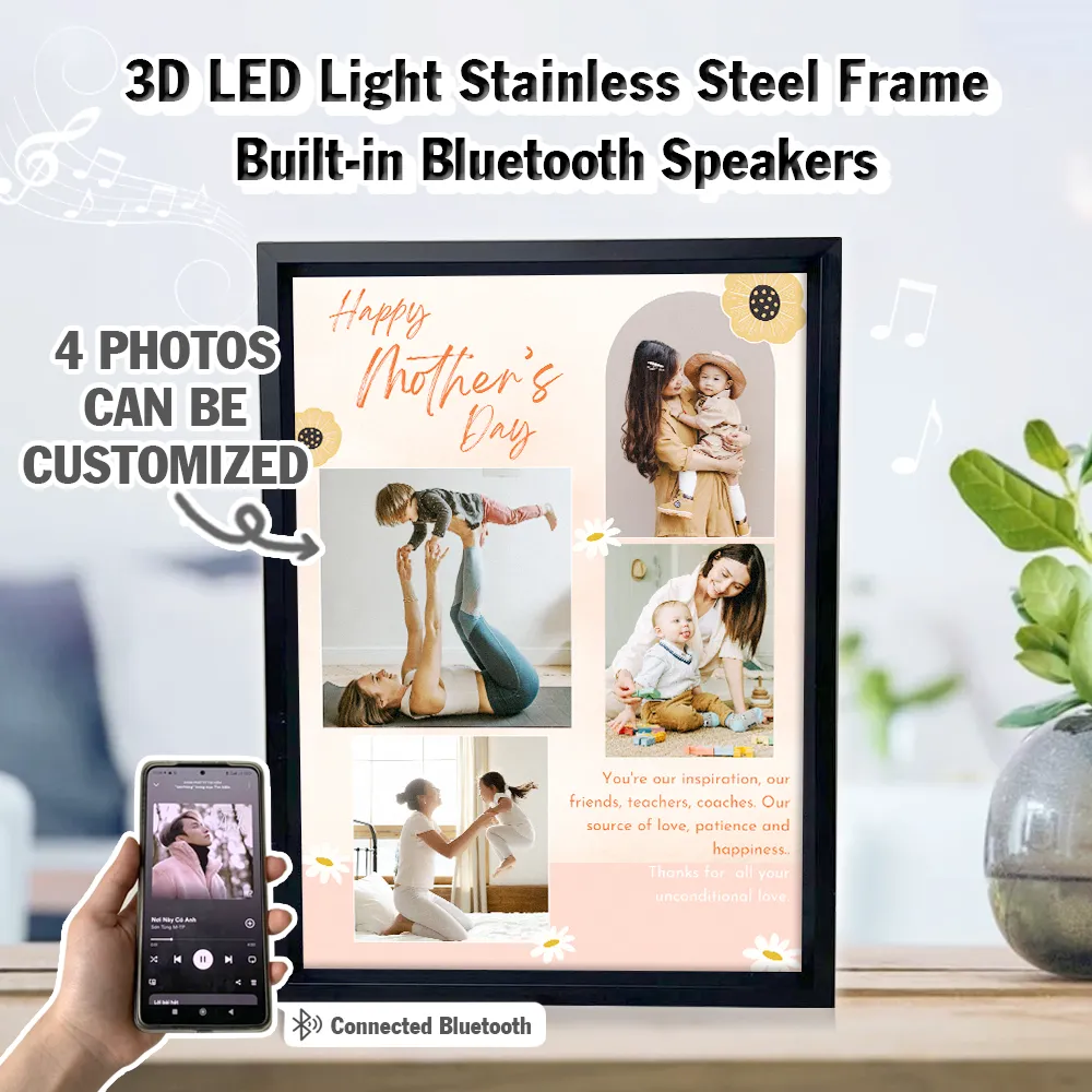 Customized 4 Photos Happy Mothers Day 3D LED Light Built-in Bluetooth Speaker Stainless Steel Frame