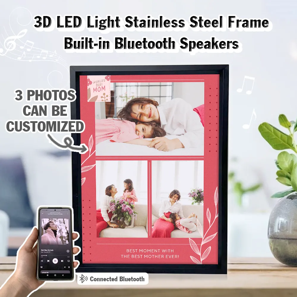 Customized 3 Photos 3D LED Light Built-in Bluetooth Speaker Stainless Steel Frame Best Mom