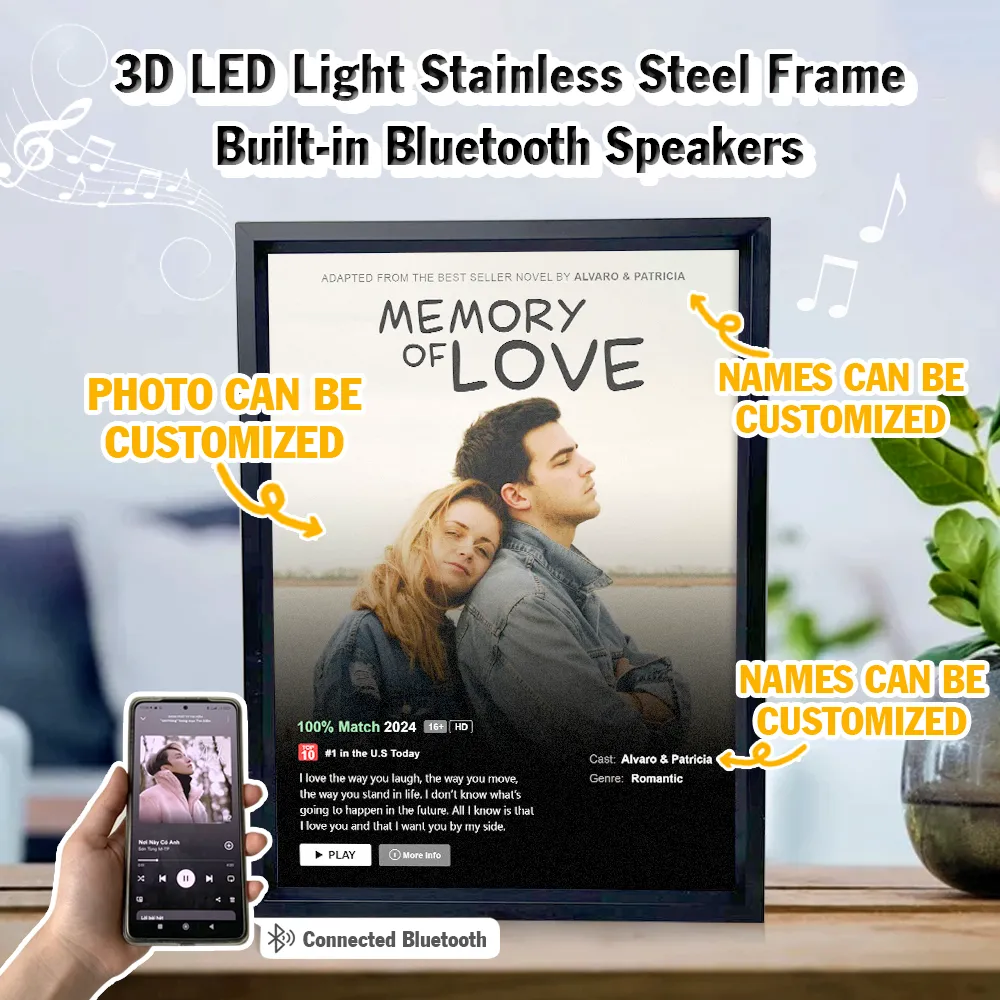 Customized Photo And Names 3D LED Light Built-in Bluetooth Speaker Stainless Steel Frame Gift For Couple And Lovers