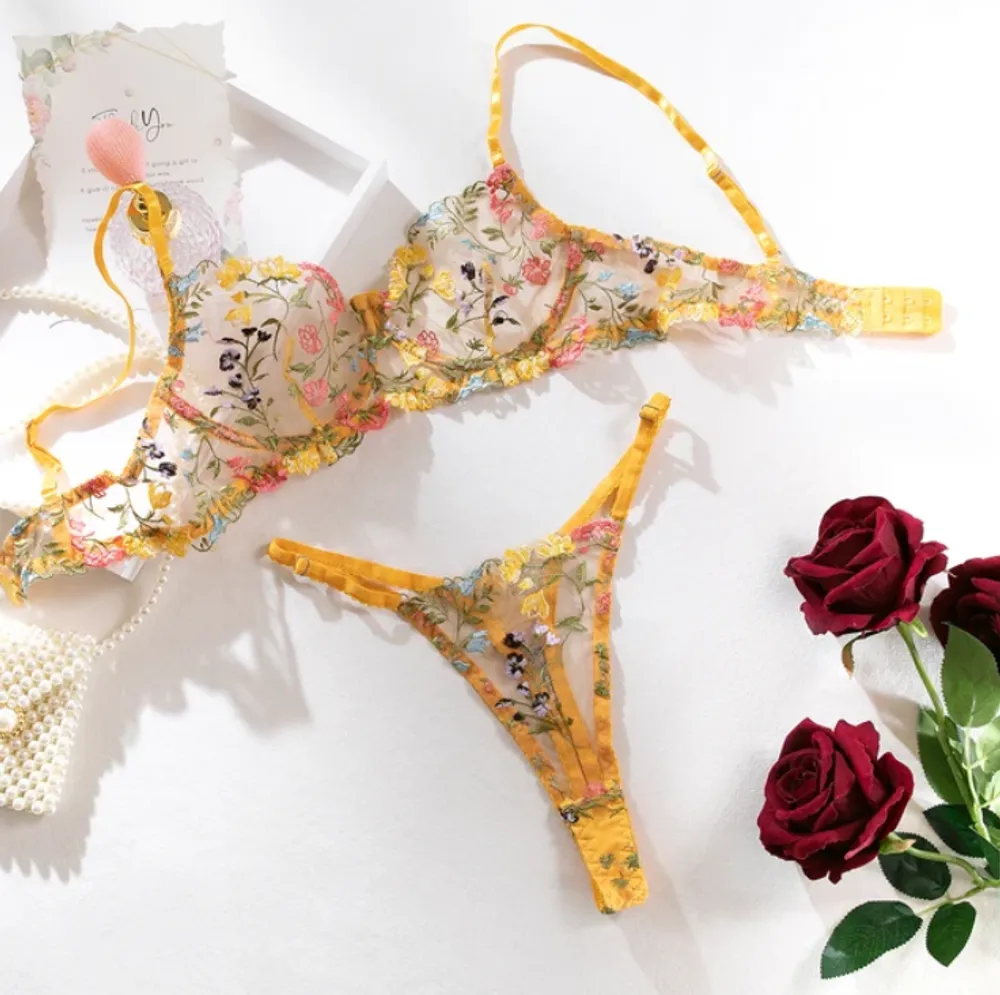 2-Piece Lace Bra Set Women Floral Embroidery Underwear Set Transparent Khaki Panty Set