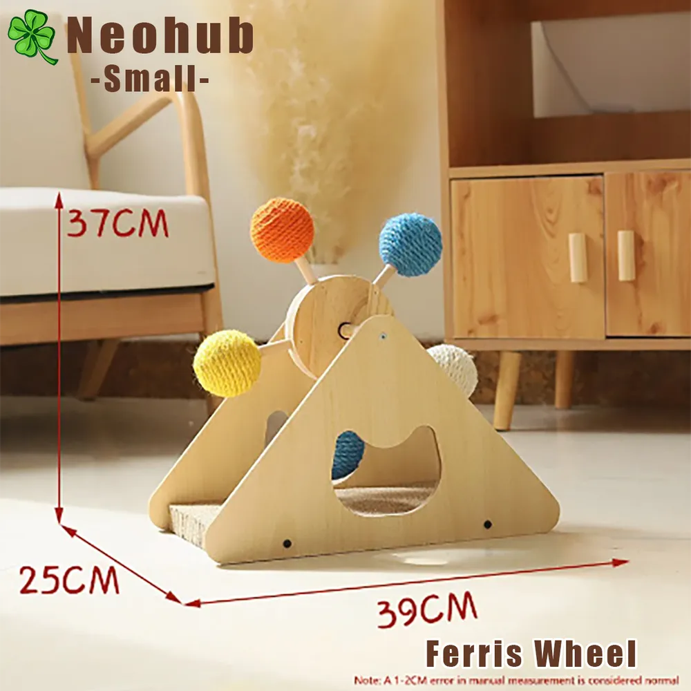 All-in-One Solid Wood Ferris Wheel Cat Toy: Multifunction Turntable Scratching Board with Sisal Teaser - Durable and Fun for Your Cat's Claw Health