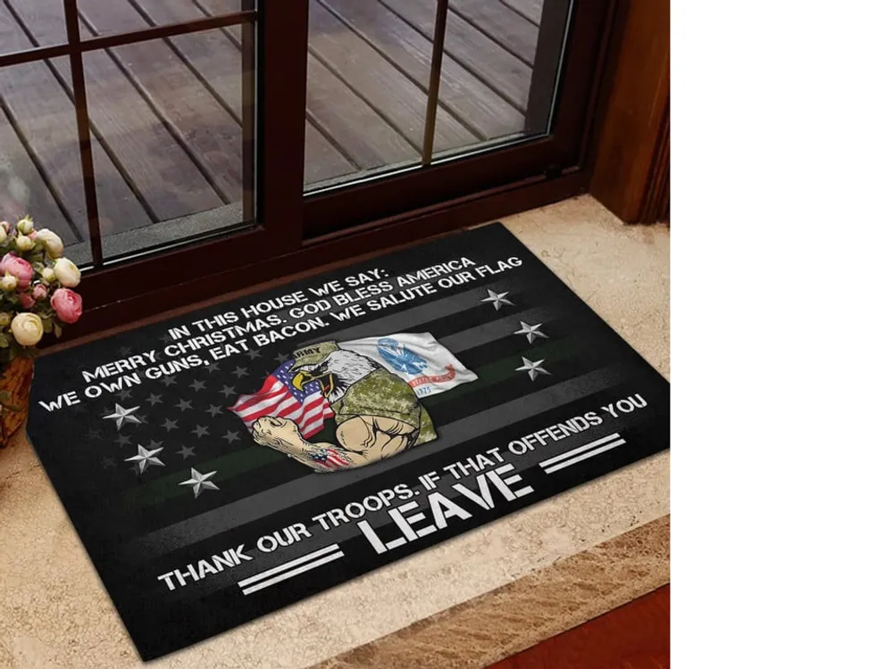 Unique Merry Christmas God Bless America US Veteran Doormat