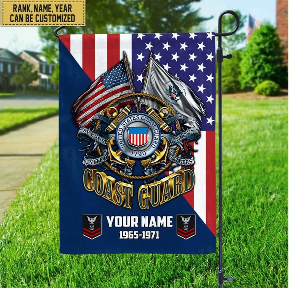 Premium Custom Name, Rank USCG Veteran Flag, Gift For Coast Guard Veteran Garden Flag - House