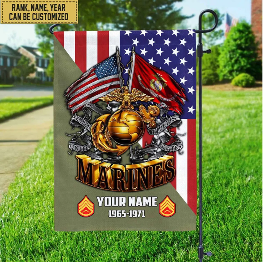 Premium Custom Name, Rank USMC Veteran Flag, Gift For Marine Veteran Garden Flag - House Flag