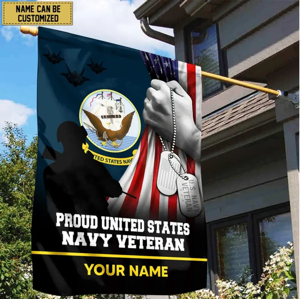 Premium US Navy Veteran Custom Name American Flag, Gift For Navy Veteran Garden Flag - House Flag