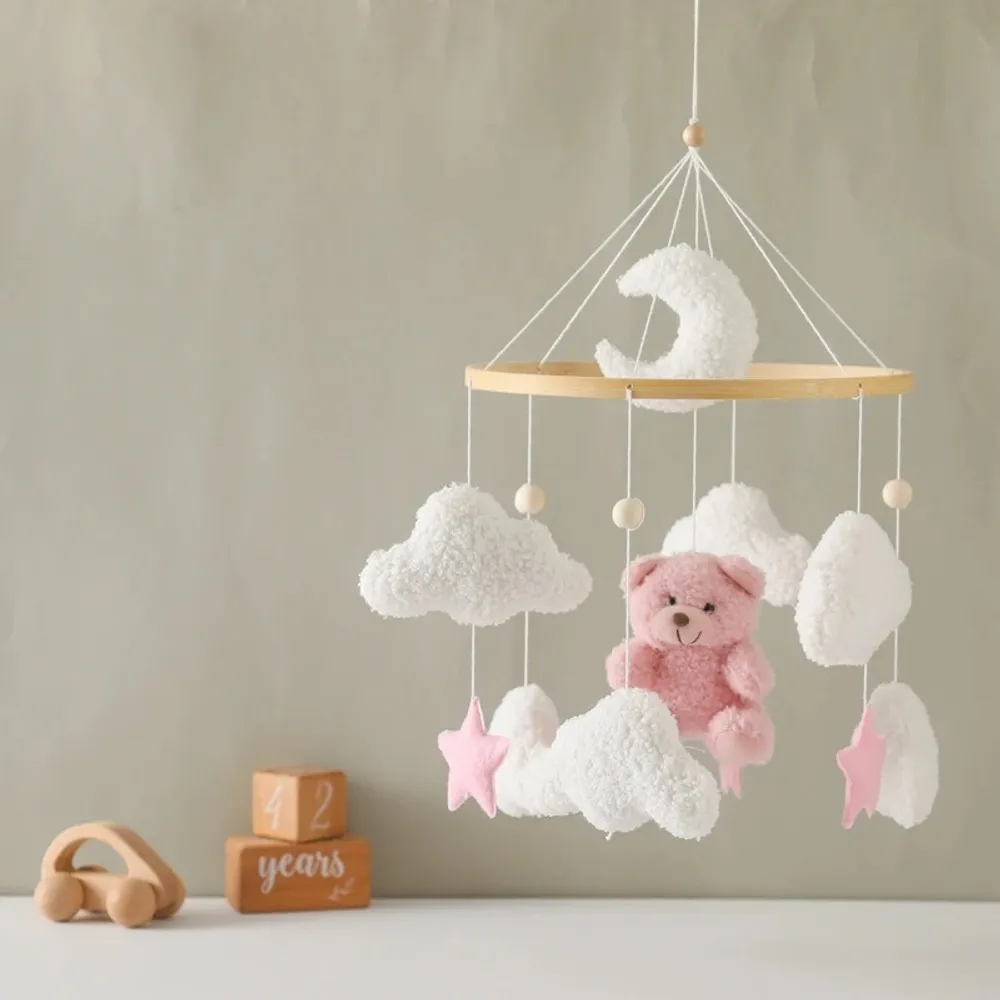 Baby Crib Mobile Rattle Toy 0-12Months Infant Soft Felt Teddy Velvet Pink Bear Bed Bell Hanging Toy Holder Bracket Crib Girl Toy