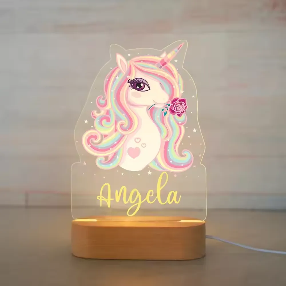 Personalized Children Unicorn Night Light Custom Name Acrylic Lamp Baby Kids Bedroom Decoration