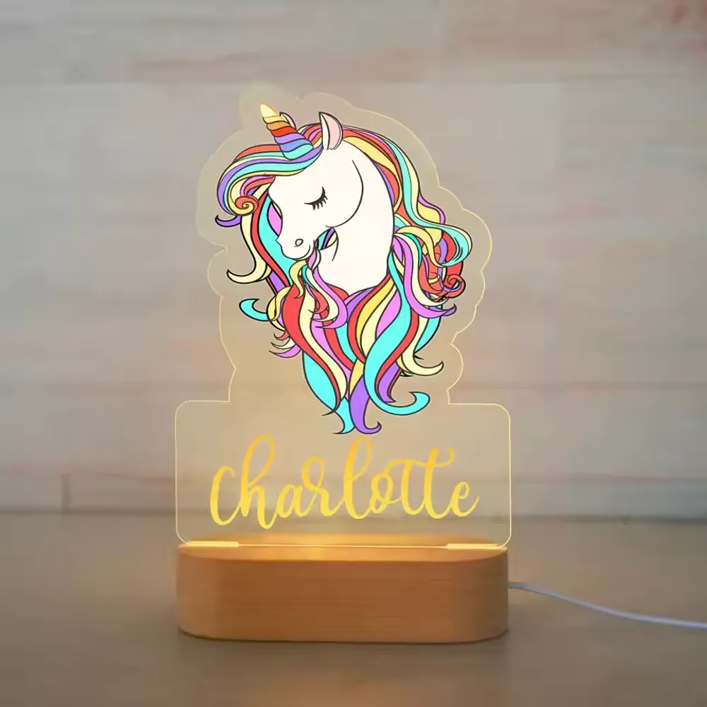 Personalized Children Unicorn Night Light Custom Name Acrylic Lamp Baby Kids Bedroom Decoration