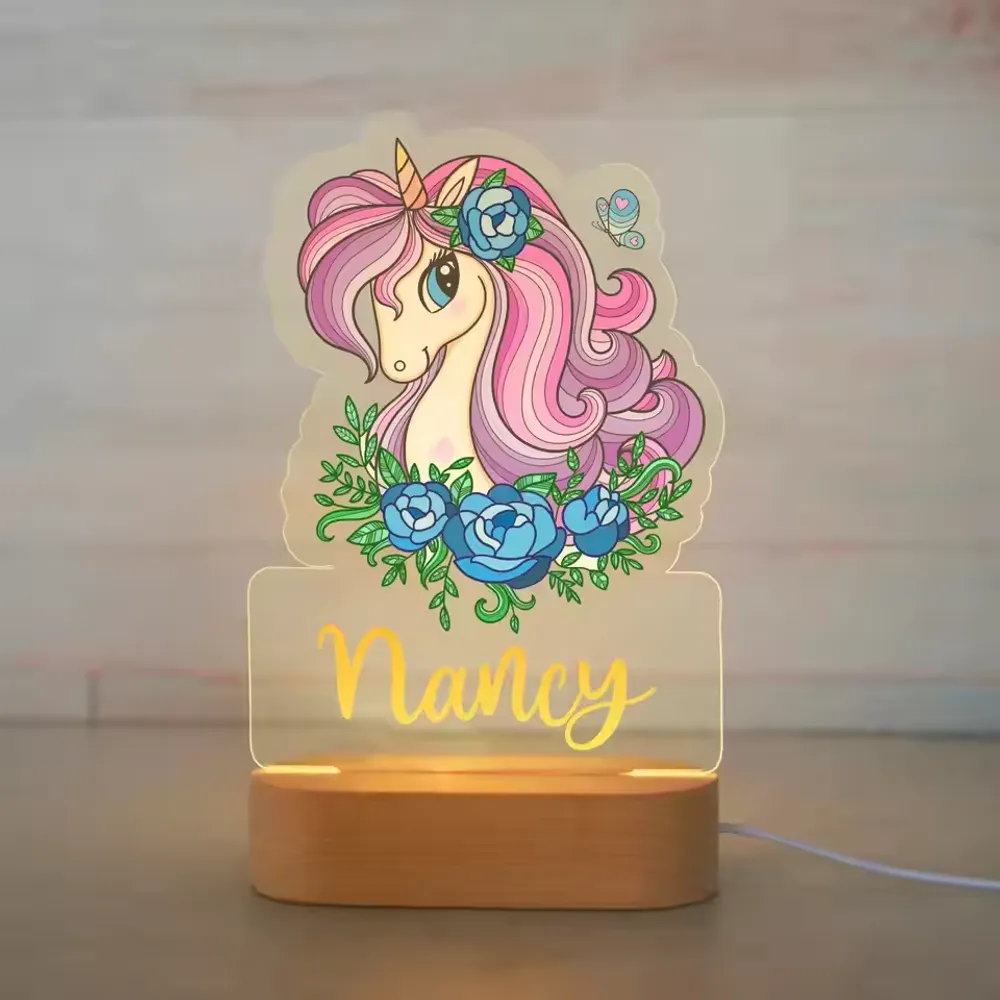 Personalized Children Unicorn Night Light Custom Name Acrylic Lamp Baby Kids Bedroom Decoration