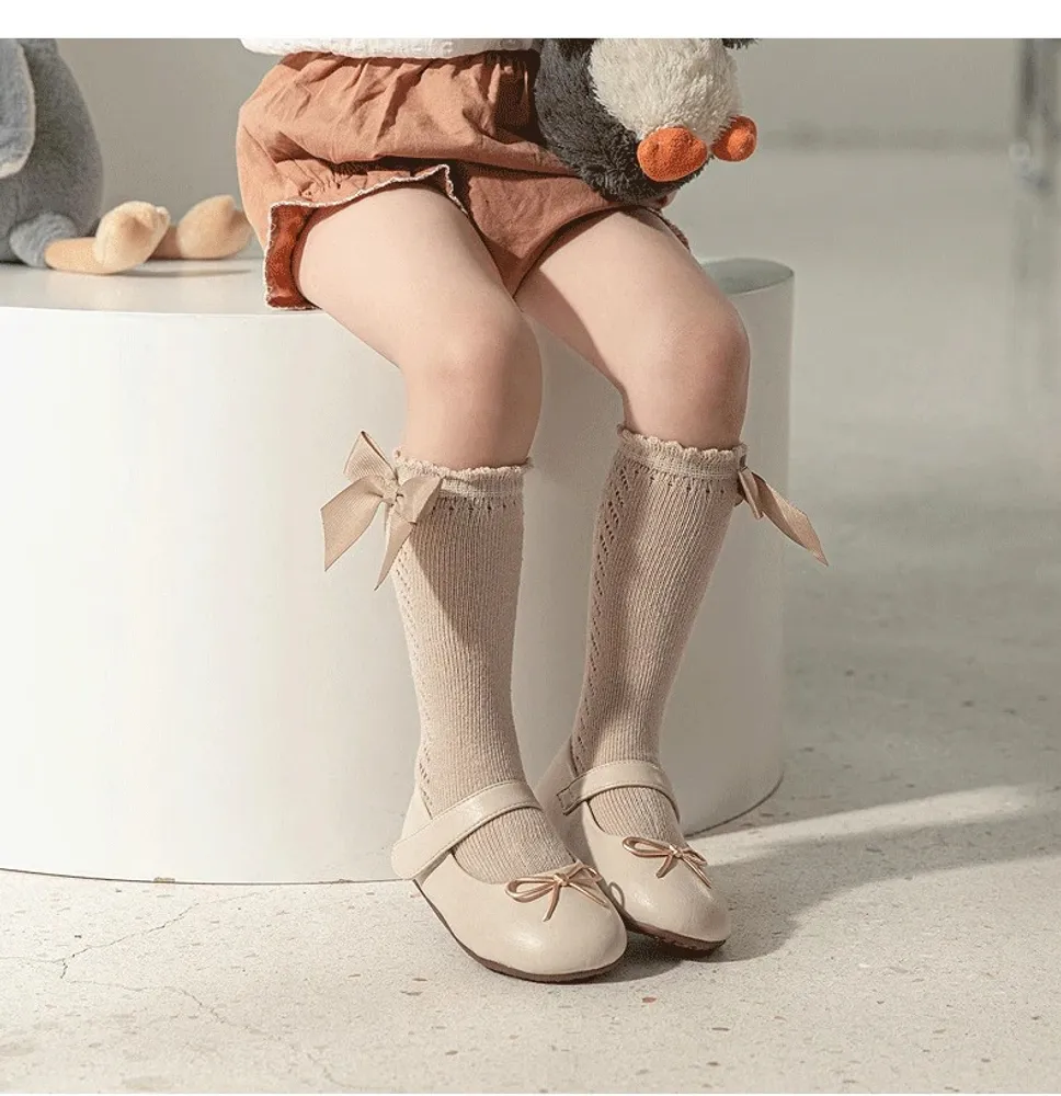 2025 New Kids Knee High Socks Baby Girls Boys Bow Long Sock Soft Cotton Mesh Breathable Children Hollow Out Socken For 0-7 Years