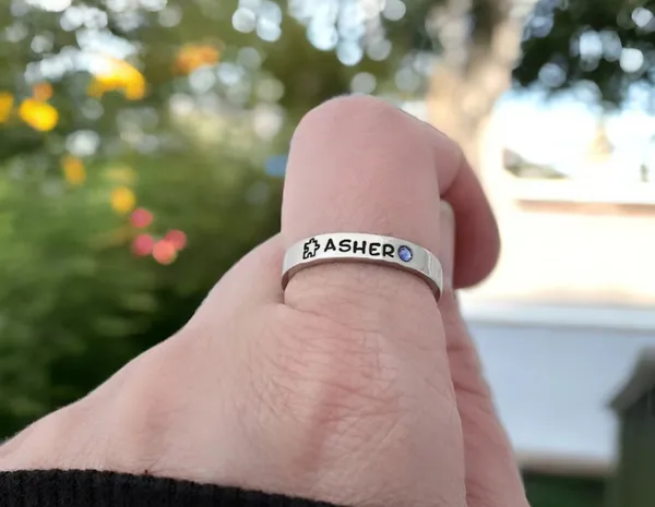 Autism Awareness Jewelry - Stacking Ring - Puzzle Piece - Skinny Ring - Stackable - Blue Stone or Birthstone - Light It Up Blue