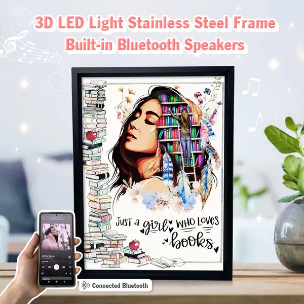 Just A Girl Who Loves Books 3D LED Light Built-in Bluetooth Speaker Stainless Steel Frame Floral