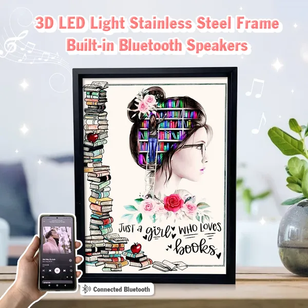 Just A Girl Who Loves Books 3D LED Light Built-in Bluetooth Speaker Stainless Steel Frame Rose