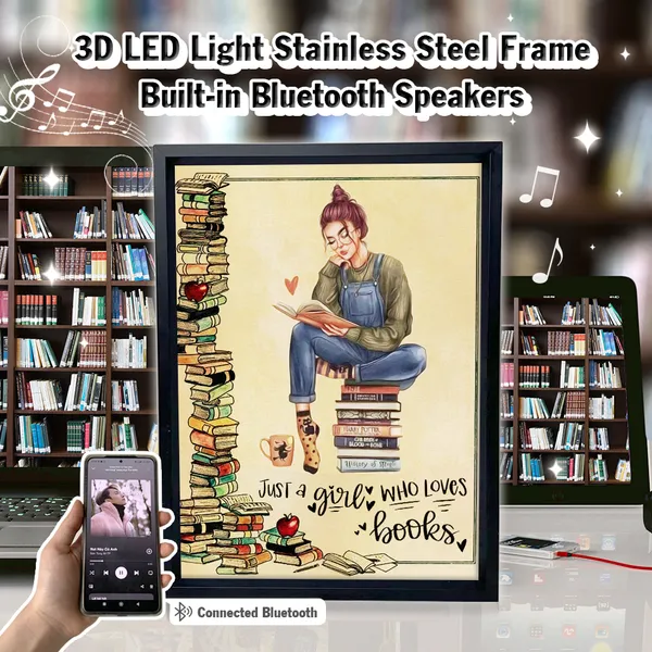 Just A Girl Who Loves Books 3D LED Light Built-in Bluetooth Speaker Stainless Steel Frame Old Paper