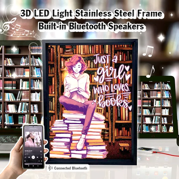 Just A Girl Who Loves Books 3D LED Light Built-in Bluetooth Speaker Stainless Steel Frame Inside A Mysterious Libraby