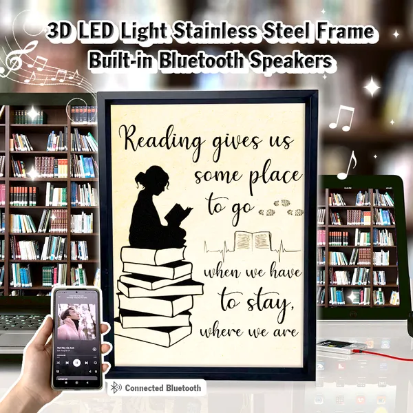 Just A Girl Who Loves Books 3D LED Light Built-in Bluetooth Speaker Stainless Steel Frame Sitting On Books
