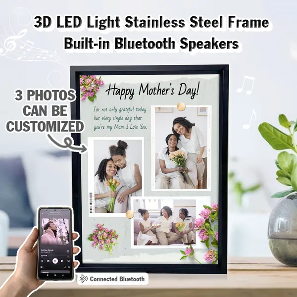 Customized 3 Photos Happy Mother's Day 3D LED Light Built-in Bluetooth Speaker Stainless Steel Frame