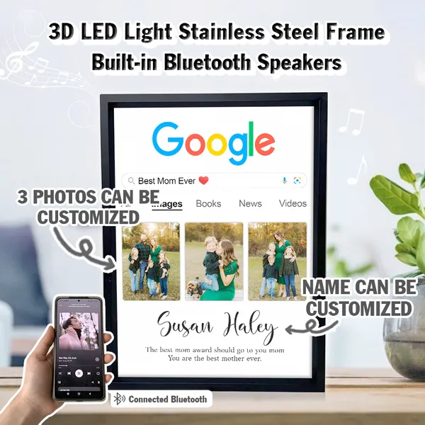 Customized 3 Photos And Name Search Themed 3D LED Light Built-in Bluetooth Speaker Stainless Steel Frame