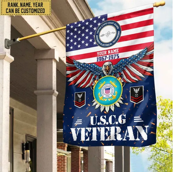 USCG Veteran Flag, Custom Name, Rank, Unit Gift For Coast Guard Veteran Garden Flag - House Flag