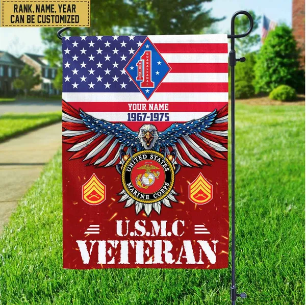 USMC Veteran Flag, Custom Name, Rank, Unit Gift For Marine Veteran Garden Flag - House Flag