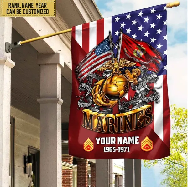 Premium Custom Name, Rank USMC Veteran Flag, Gift For Marine Veteran Garden Flag - House Flag