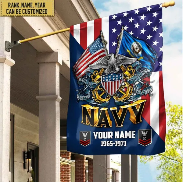 Premium Custom Name, Rank US Navy Veteran Flag, Gift For Navy Veteran Garden Flag - House