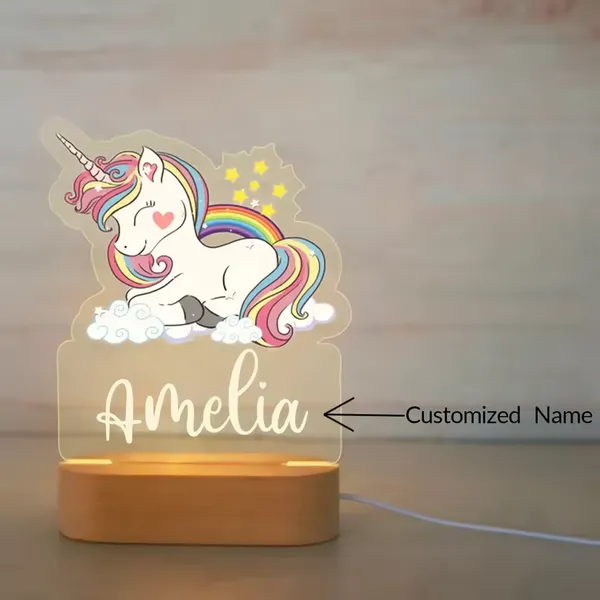 Personalized Children Unicorn Night Light Custom Name Acrylic Lamp Baby Kids Bedroom Decoration